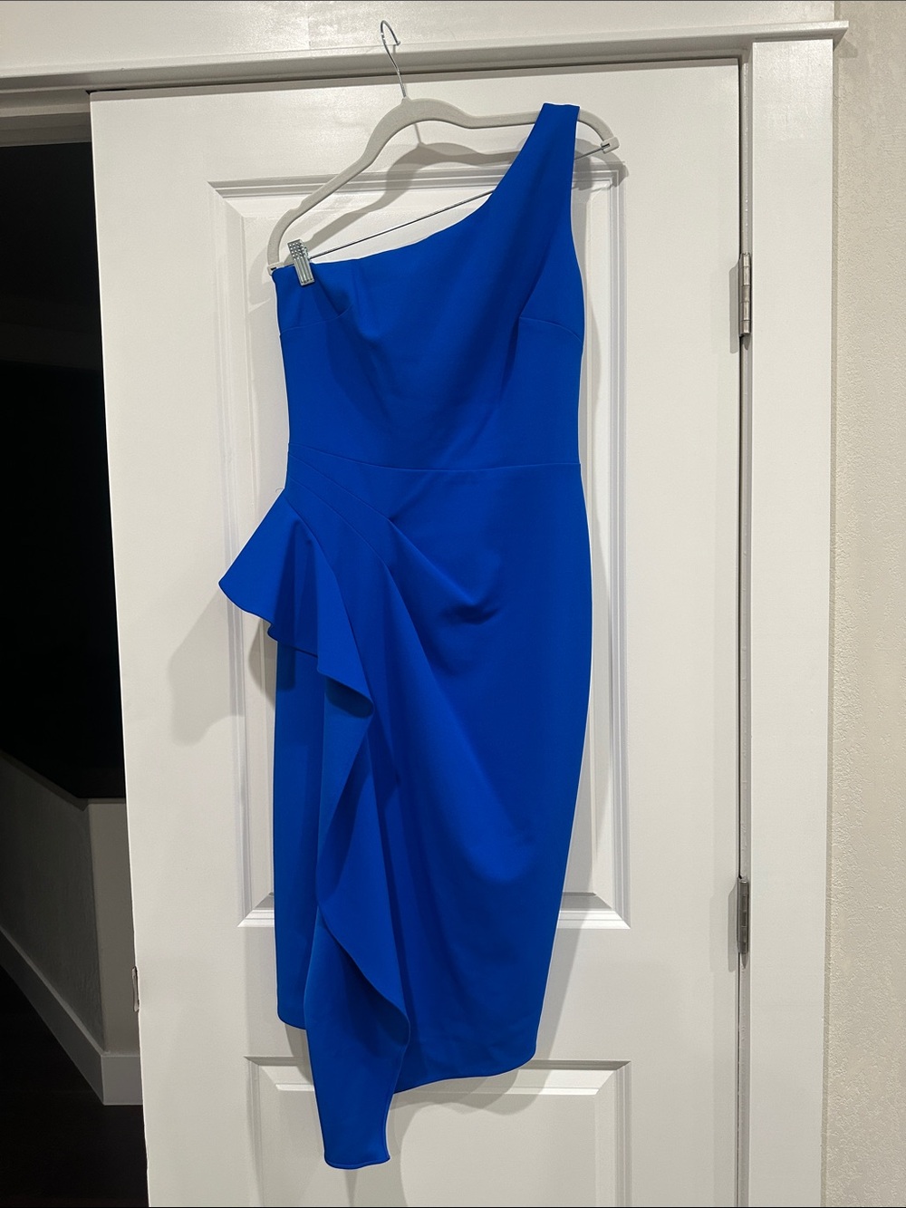 One-Shoulder Ruffle Sheath Dress in Cobalt Blue Betsy Adam